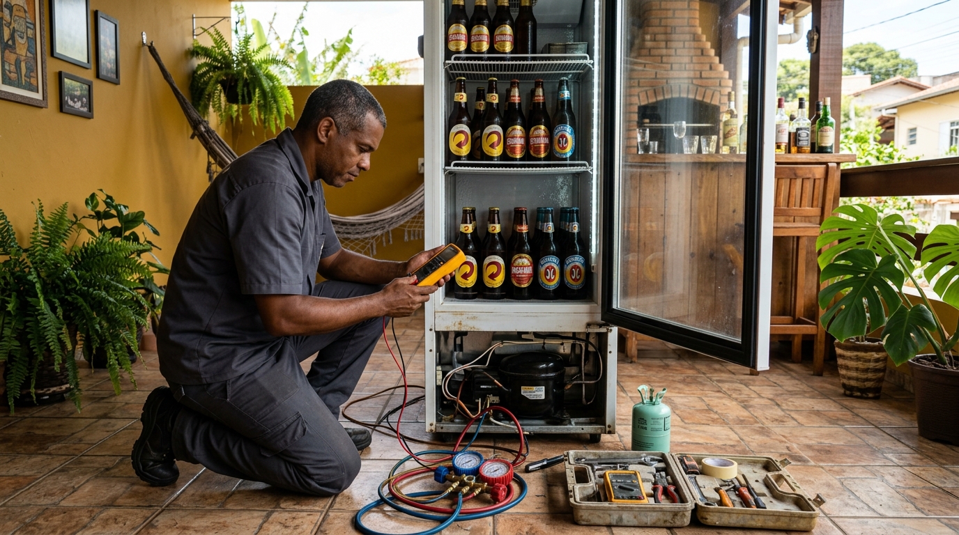 Placa eletrônica de cervejeira em reparo na bancada em Divinópolis‑MG