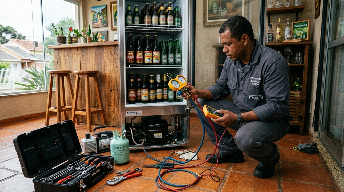Técnico revisando o motor de uma cervejeira durante chamado em Divinópolis‑MG
