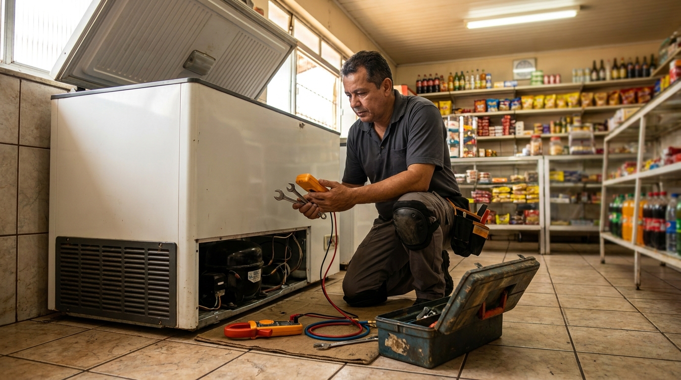Técnico avaliando um freezer vertical durante atendimento em Divinópolis‑MG